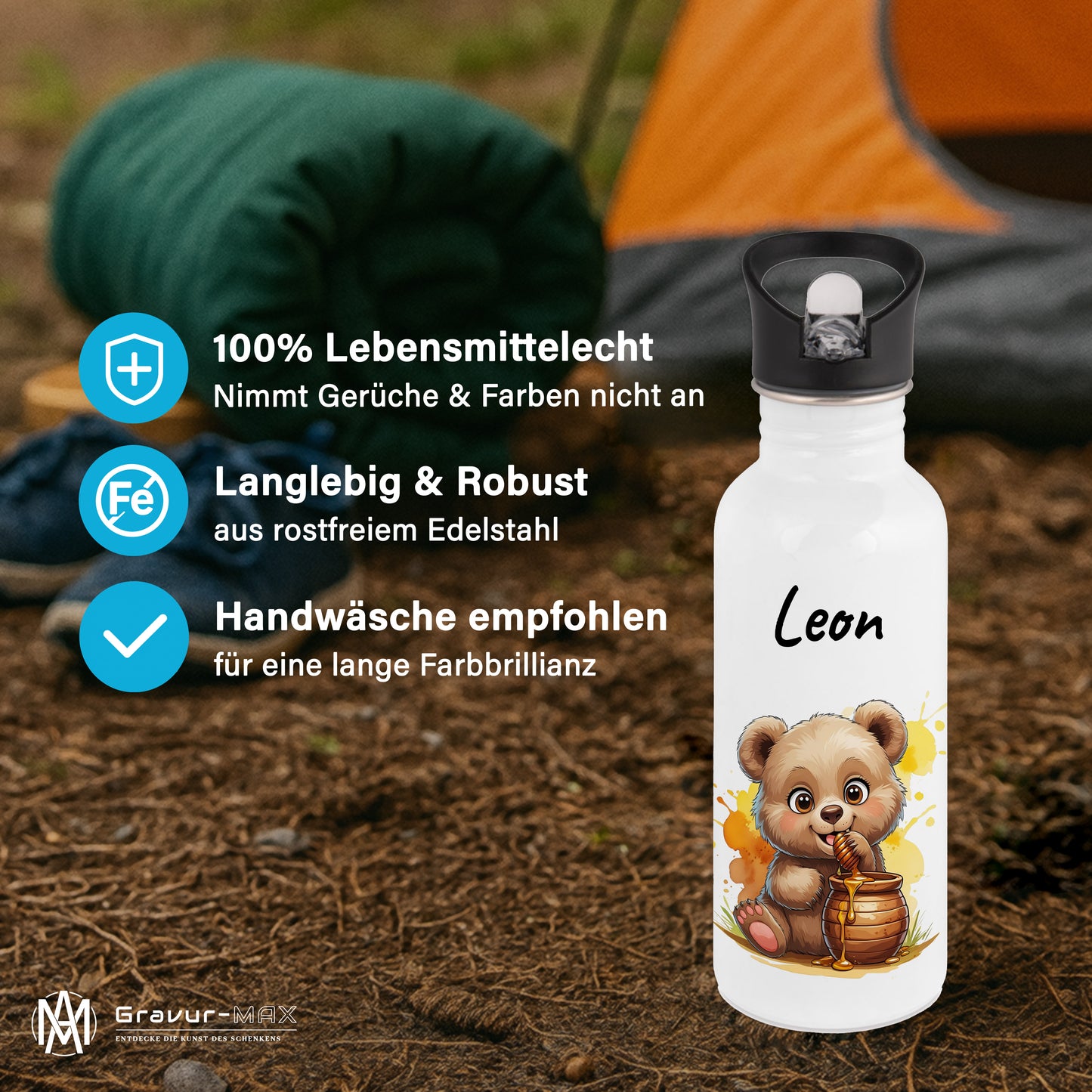 Trinkflasche mit Strohhalm in Weiß 600ml bedruckt mit niedlichen Tieren"Bär" personalisierbar für Kinder mit Wunschname aus Edelstahl