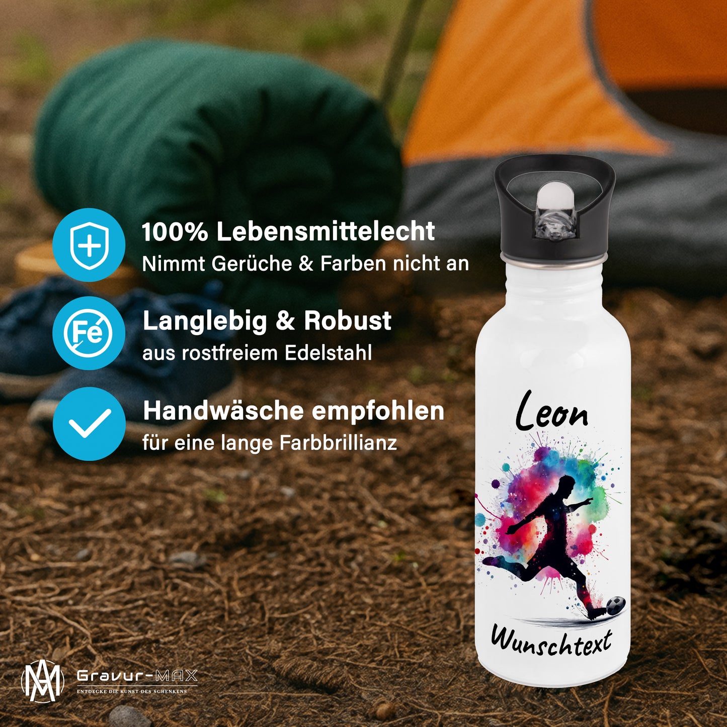 Trinkflasche mit Strohhalm in Weiß 600ml bedruckt mit Fußball Motiven"Motiv4" personalisierbar für Kinder mit Wunschname aus Edelstahl