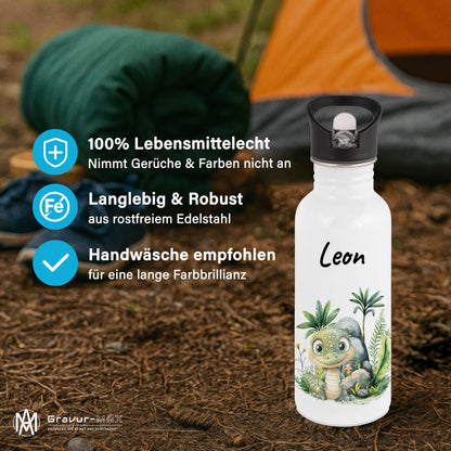 Trinkflasche mit Strohhalm in Weiß 600ml bedruckt mit Dschungel Tieren"Krokodil" personalisierbar für Kinder mit Wunschname aus Edelstahl