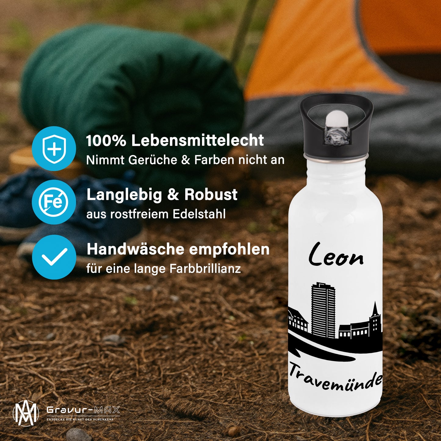Trinkflasche in Weiß 600ml aus Edelstahl bedruckt mit der Skyline von Travemünde personalisierbar mit Wunschname