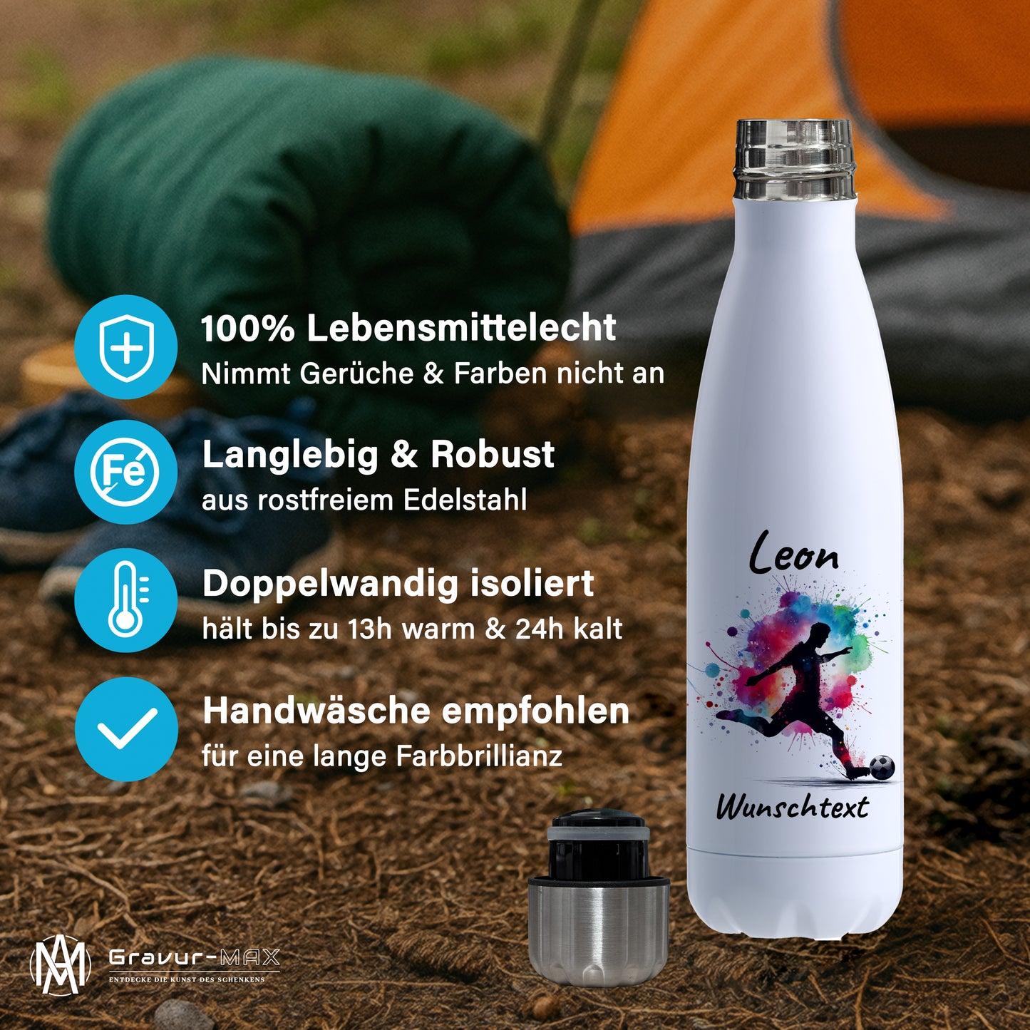 Thermoflasche 500ml in Weiß aus Edelstahl bedruckt "Fußball" Motiv4 personalisierbar mit Wunschname & Text