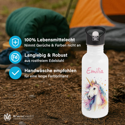 Trinkflasche mit Strohhalm in Weiß 600ml bedruckt mit tollen Motiven für Kinder "Einhorn" personalisierbar für Kinder mit Wunschname aus Edelstahl