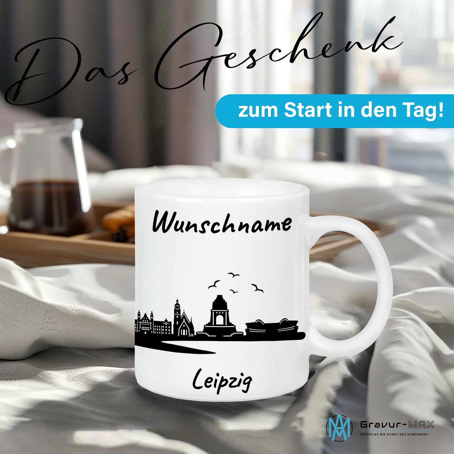 Tasse in Weiß 330ml bedruckt mit der Skyline von Leipzig personalisierbar mit Wunschname