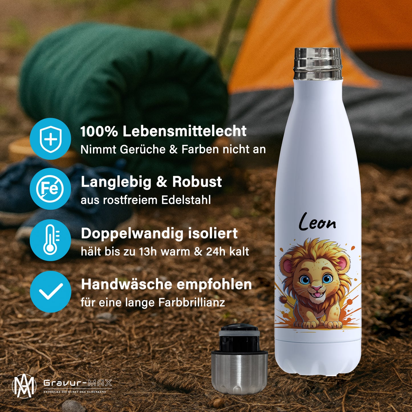 Trinkflasche in Weiß 500ml aus Edelstahl bedruckt mit niedlichen Tieren "Löwe" personalisierbar für Kinder mit Wunschname
