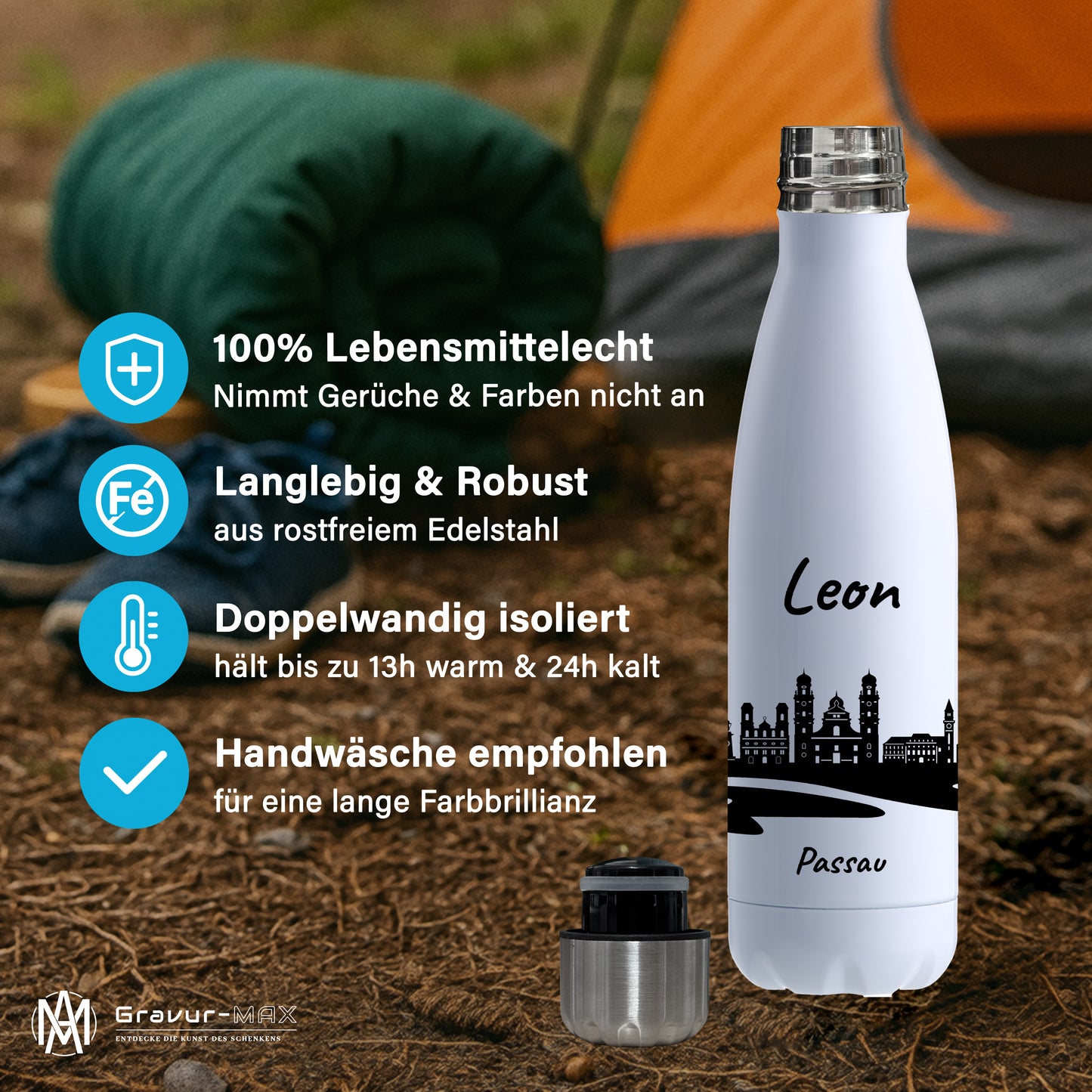 Trinkflasche in Weiß 500ml aus Edelstahl bedruckt mit der Skyline von Passau personalisierbar mit Wunschname