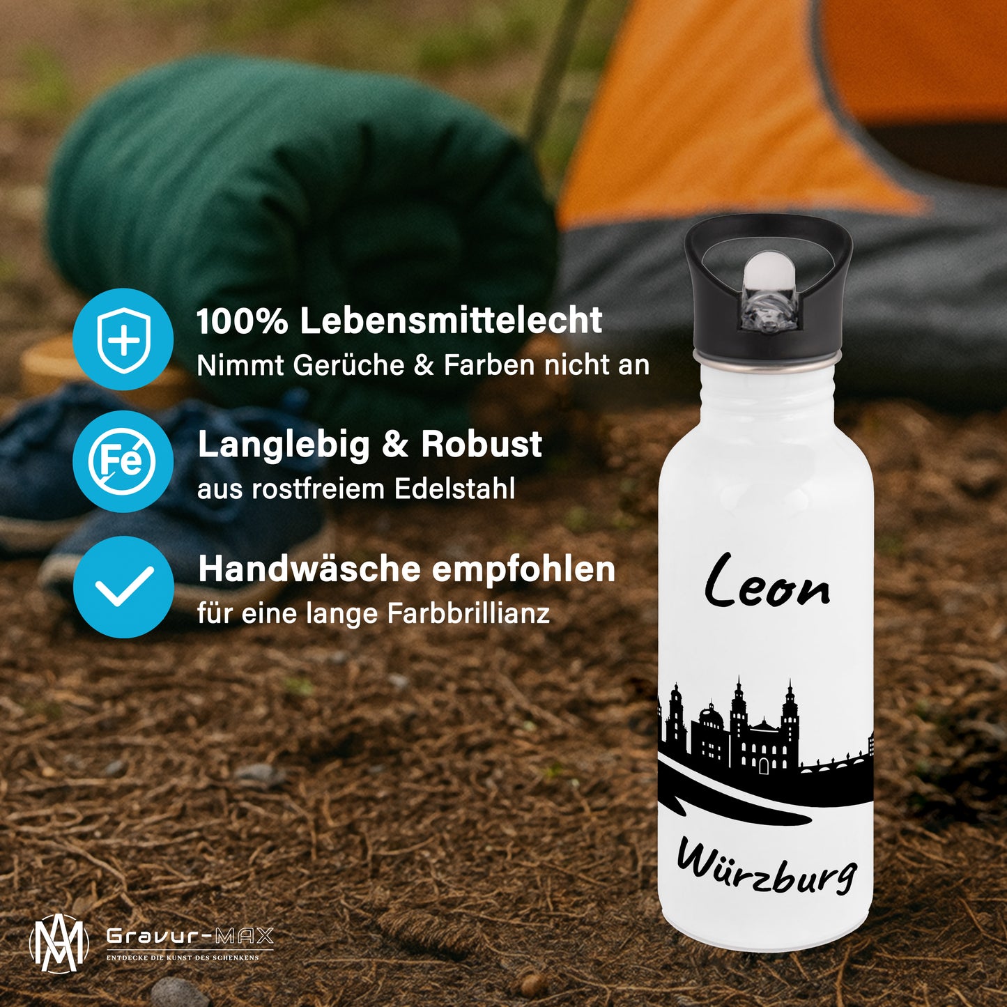 Trinkflasche in Weiß 600ml aus Edelstahl bedruckt mit der Skyline von Würzburg personalisierbar mit Wunschname