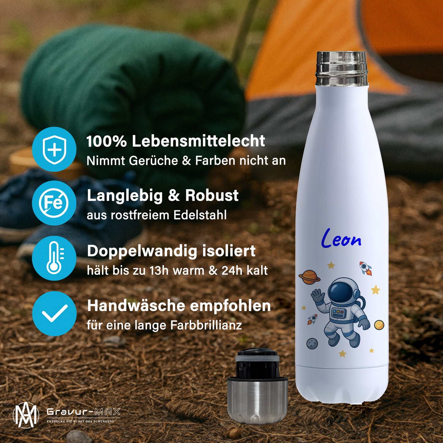 Thermoflasche 500ml in Weiß bedruckt mit tollen Motiven für Kinder "Astronaut" personalisierbar mit Wunschname