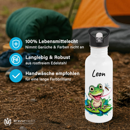 Trinkflasche mit Strohhalm in Weiß 600ml bedruckt mit niedlichen Tieren"Frosch" personalisierbar für Kinder mit Wunschname aus Edelstahl