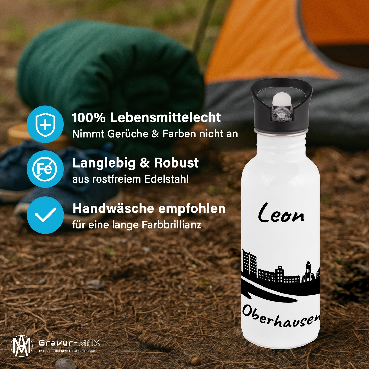 Trinkflasche in Weiß 600ml aus Edelstahl bedruckt mit der Skyline von Oberhausen personalisierbar mit Wunschname