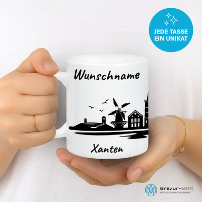 Tasse in Weiß 330ml bedruckt mit der Skyline von Xanten personalisierbar mit Wunschname
