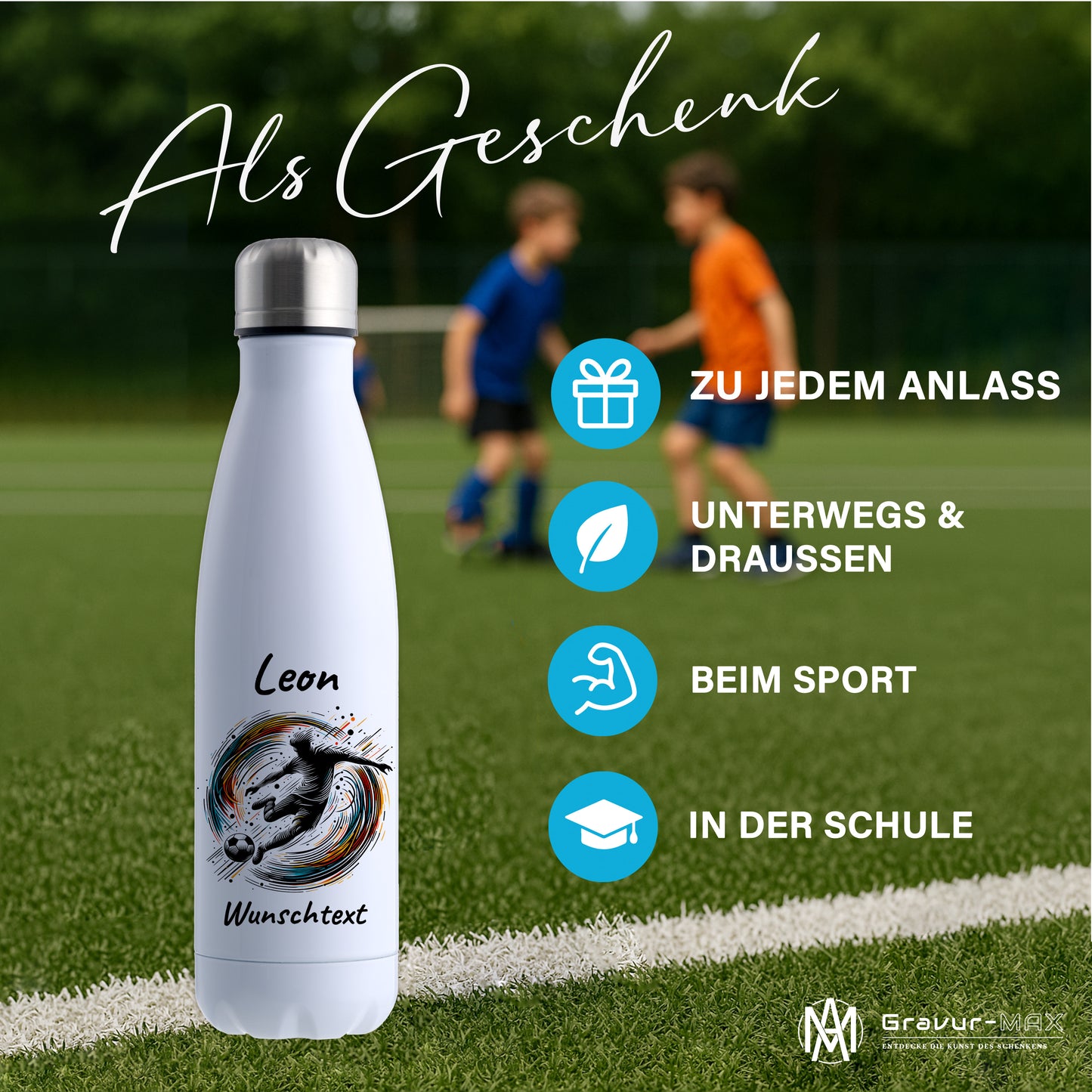 Thermoflasche 500ml in Weiß aus Edelstahl bedruckt "Fußball" Motiv1 personalisierbar mit Wunschname & Text