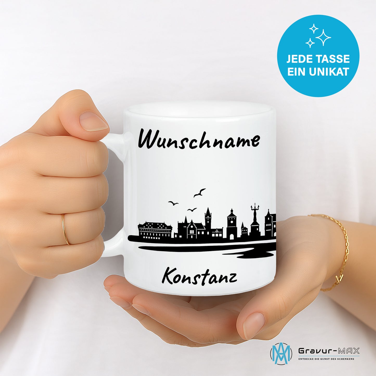 Tasse in Weiß 330ml bedruckt mit der Skyline von Konstanz personalisierbar mit Wunschname