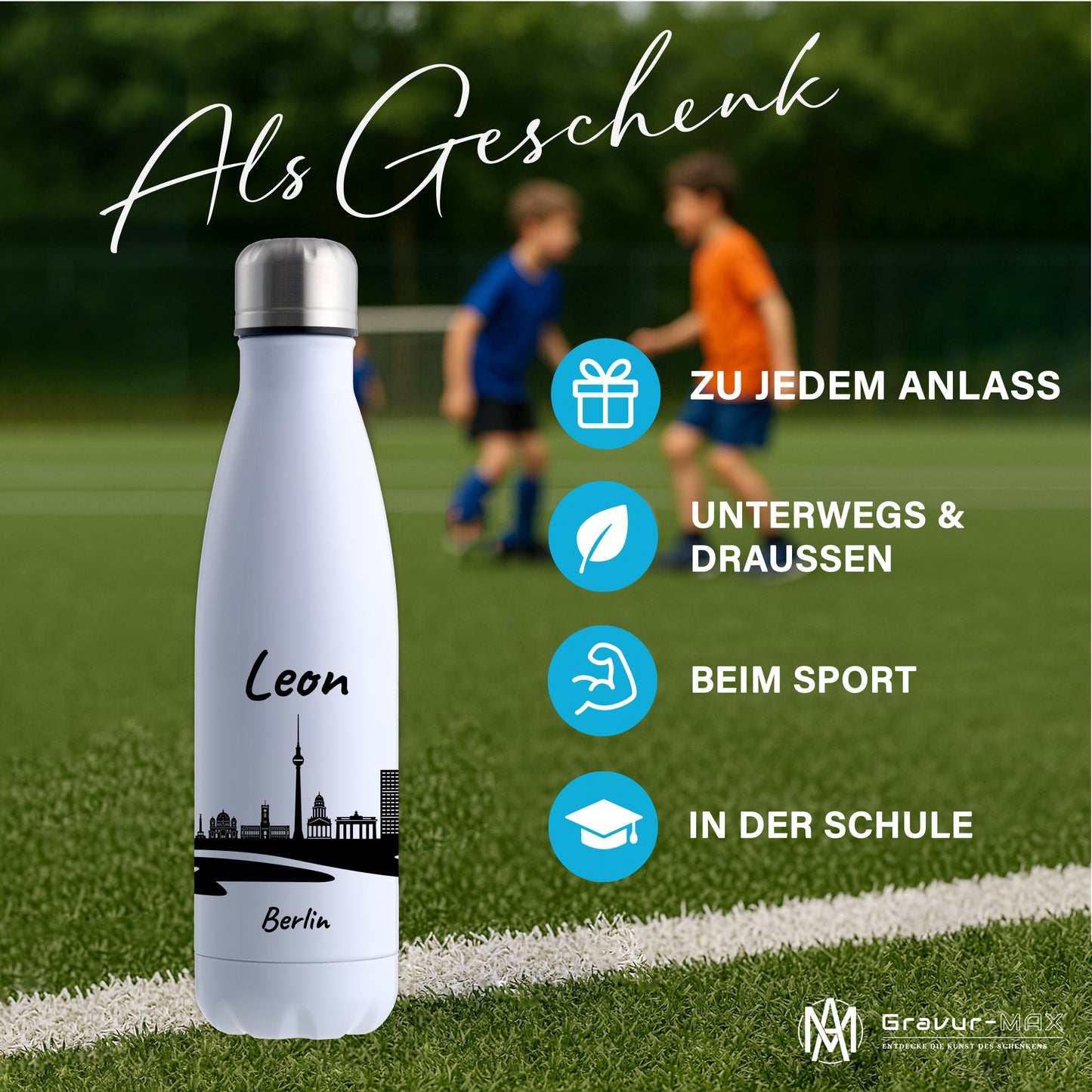Trinkflasche in Weiß 500ml aus Edelstahl bedruckt mit der Skyline von Berlin personalisierbar mit Wunschname