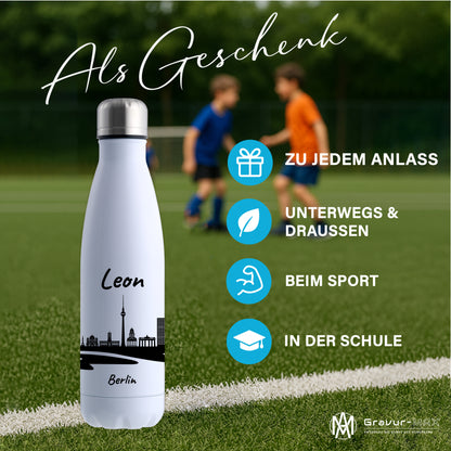 Trinkflasche in Weiß 500ml aus Edelstahl bedruckt mit der Skyline von Berlin personalisierbar mit Wunschname