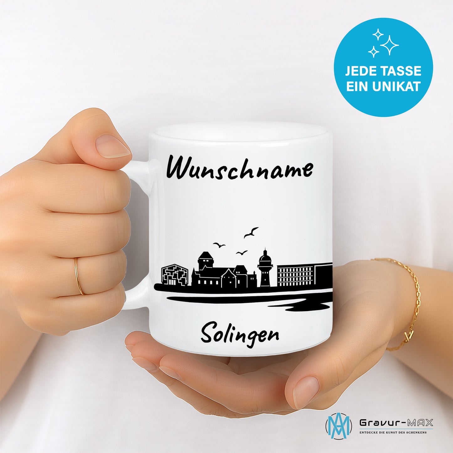 Tasse in Weiß 330ml bedruckt mit der Skyline von Solingen personalisierbar mit Wunschname