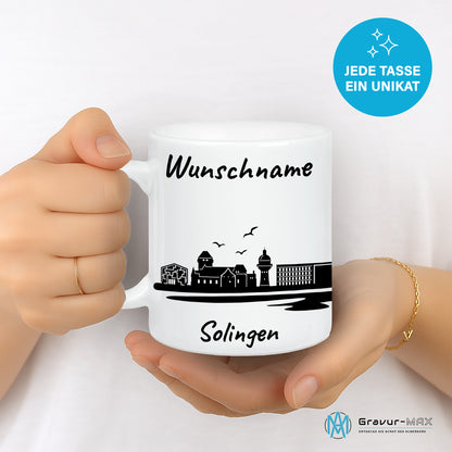 Tasse in Weiß 330ml bedruckt mit der Skyline von Solingen personalisierbar mit Wunschname