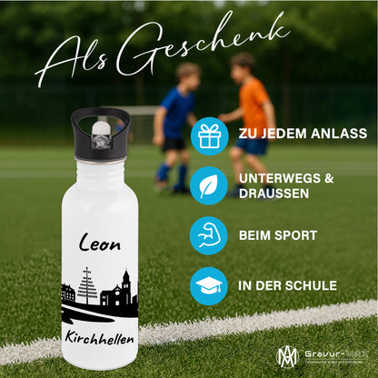Trinkflasche in Weiß 600ml aus Edelstahl bedruckt mit der Skyline von Kirchhellen personalisierbar mit Wunschname