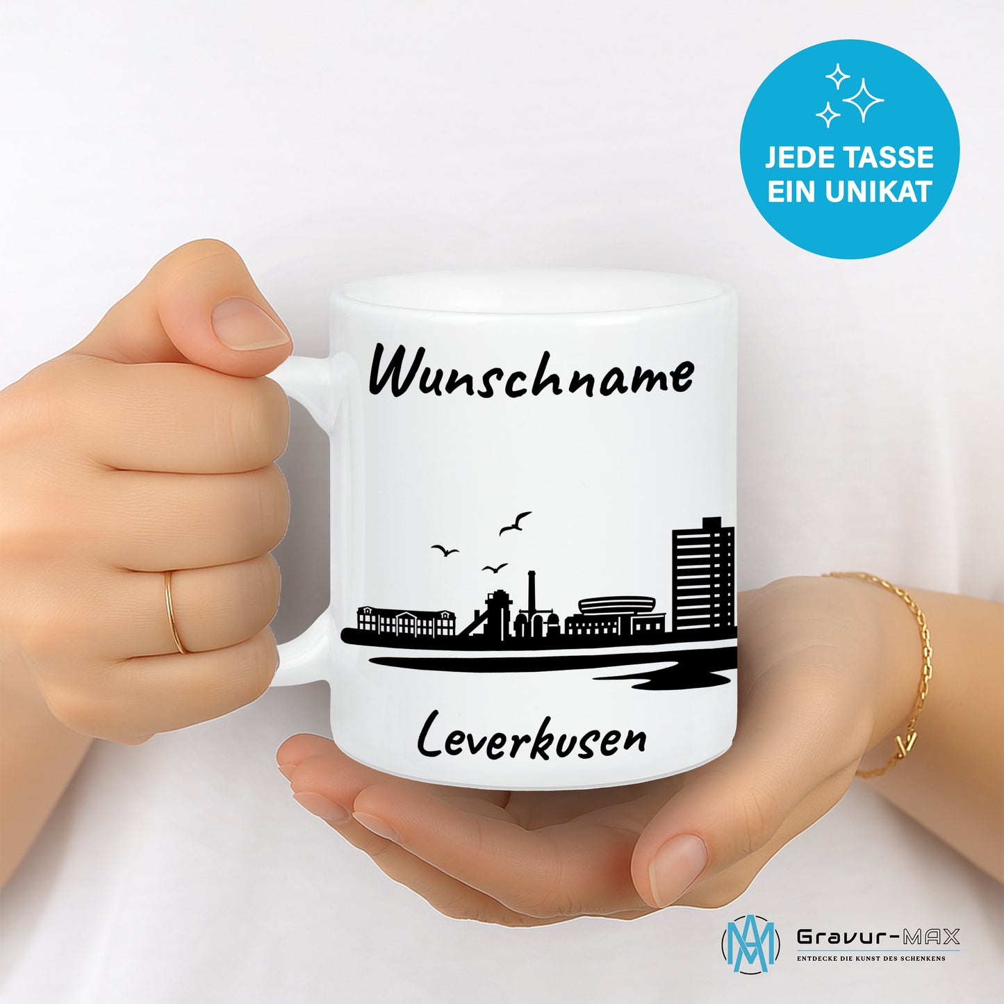 Tasse in Weiß 330ml bedruckt mit der Skyline von Leverkusen personalisierbar mit Wunschname