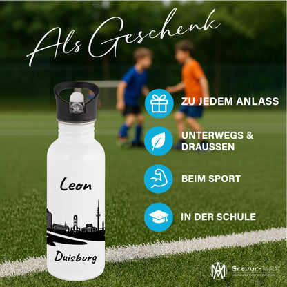 Trinkflasche in Weiß 600ml aus Edelstahl bedruckt mit der Skyline von Duisburg personalisierbar mit Wunschname