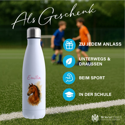 Thermoflasche 500ml in Weiß bedruckt mit tollen Motiven für Kinder "Pferd" personalisierbar mit Wunschname
