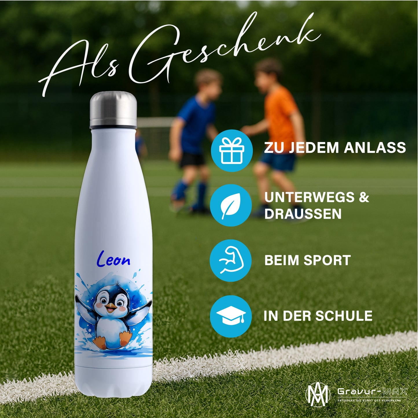 Trinkflasche in Weiß 500ml aus Edelstahl bedruckt mit niedlichen Tieren "Pinguin" personalisierbar für Kinder mit Wunschname