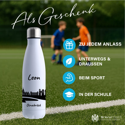 Trinkflasche in Weiß 500ml aus Edelstahl bedruckt mit der Skyline von Osnabrück personalisierbar mit Wunschname