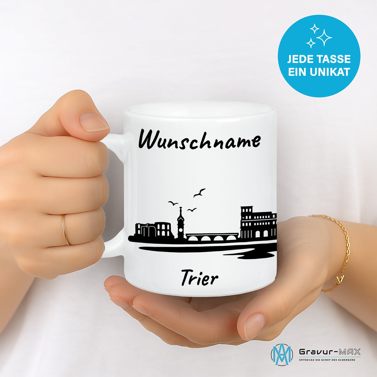 Tasse in Weiß 330ml bedruckt mit der Skyline von Trier personalisierbar mit Wunschname