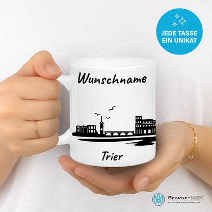 Tasse in Weiß 330ml bedruckt mit der Skyline von Trier personalisierbar mit Wunschname