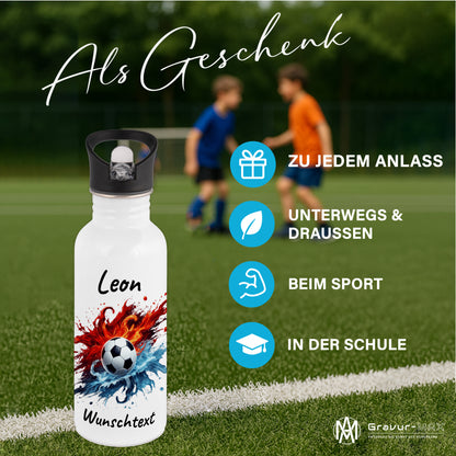 Trinkflasche mit Strohhalm in Weiß 600ml bedruckt mit Fußball Motiven"Motiv12" personalisierbar für Kinder mit Wunschname aus Edelstahl