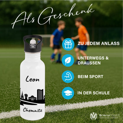 Trinkflasche in Weiß 600ml aus Edelstahl bedruckt mit der Skyline von Chemnitz personalisierbar mit Wunschname