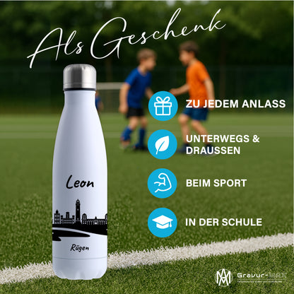 Trinkflasche in Weiß 500ml aus Edelstahl bedruckt mit der Skyline von Recklinghausen personalisierbar mit Wunschname
