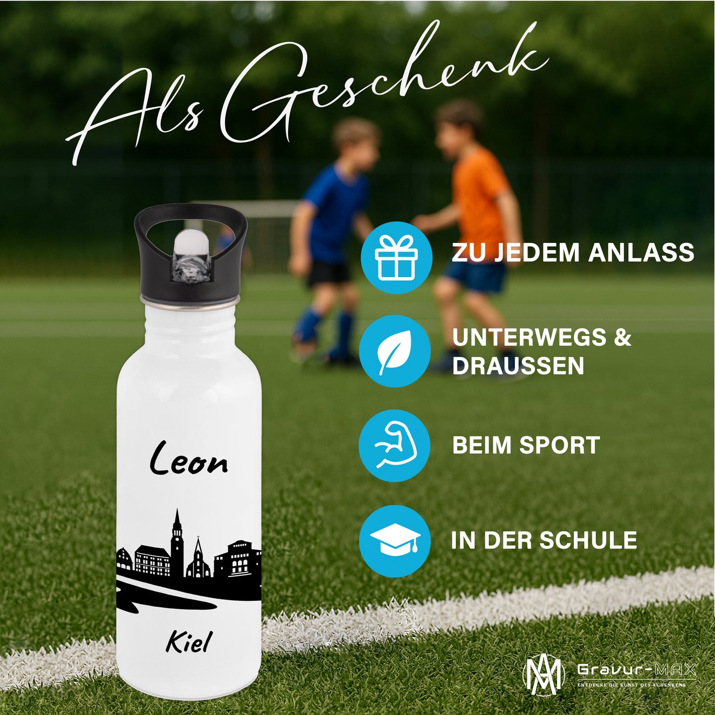 Trinkflasche in Weiß 600ml aus Edelstahl bedruckt mit der Skyline von Kiel personalisierbar mit Wunschname