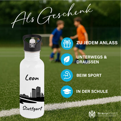 Trinkflasche in Weiß 600ml aus Edelstahl bedruckt mit der Skyline von Stuttgart personalisierbar mit Wunschname