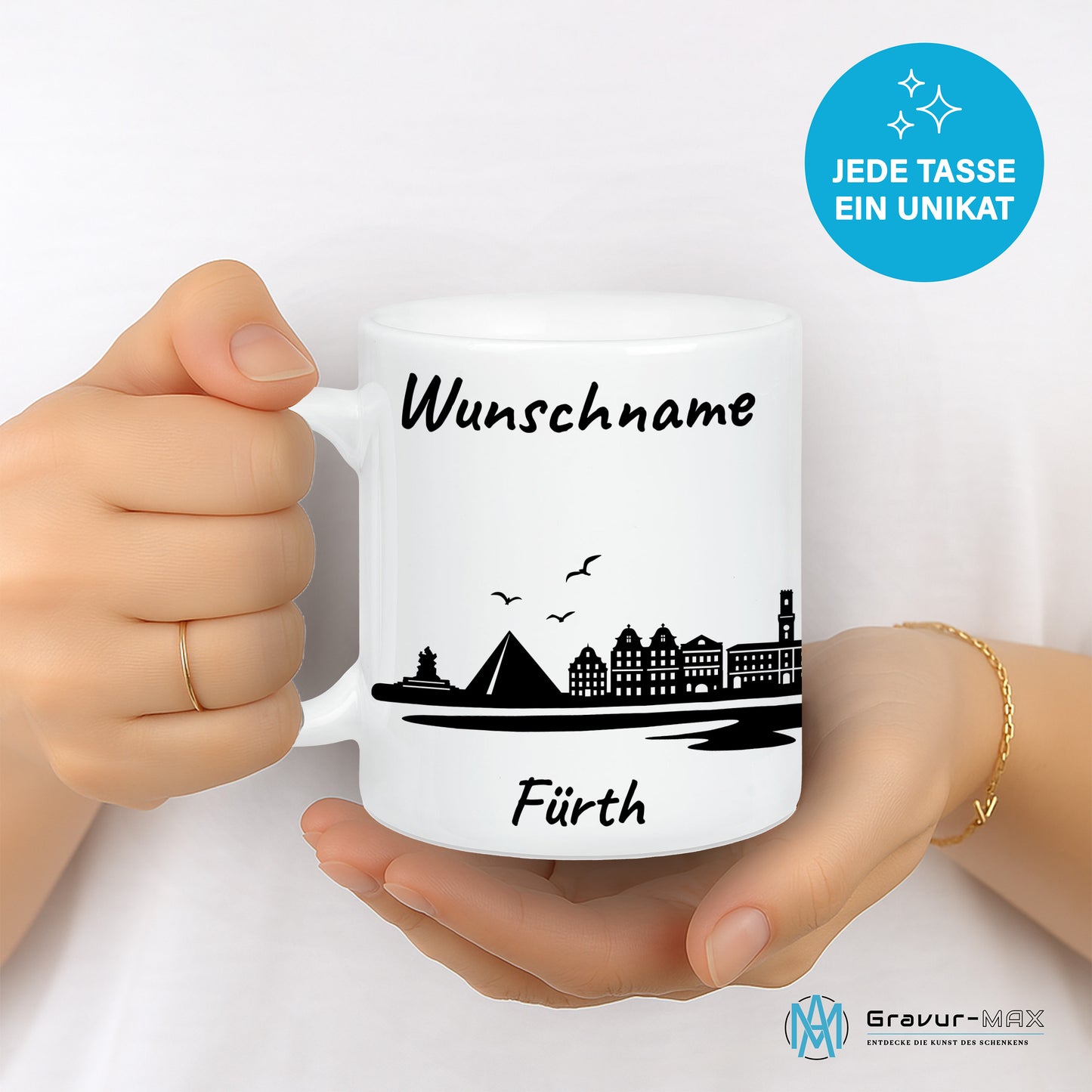 Tasse in Weiß 330ml bedruckt mit der Skyline von Fürth personalisierbar mit Wunschname