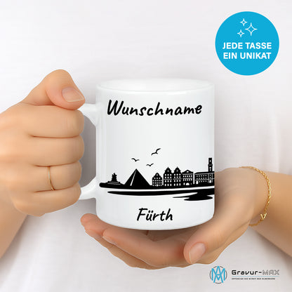 Tasse in Weiß 330ml bedruckt mit der Skyline von Fürth personalisierbar mit Wunschname