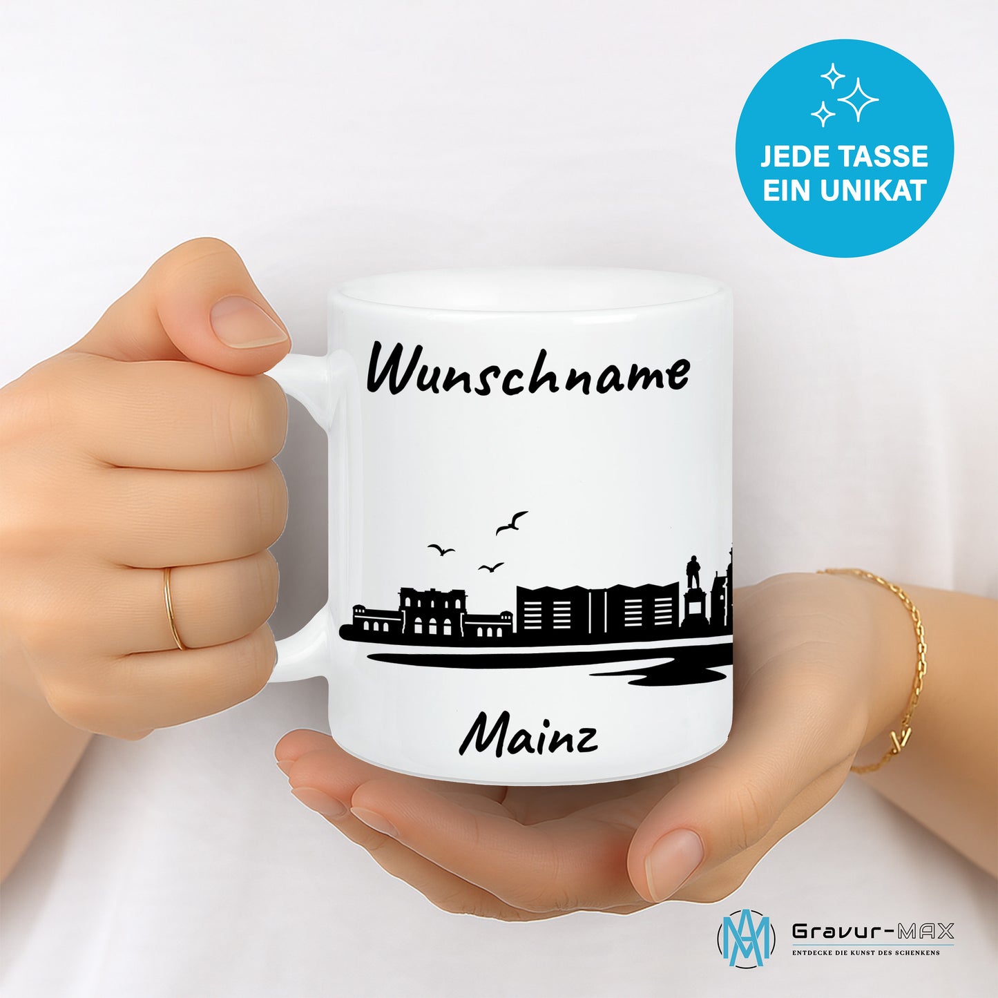 Tasse in Weiß 330ml bedruckt mit der Skyline von Mainz personalisierbar mit Wunschname