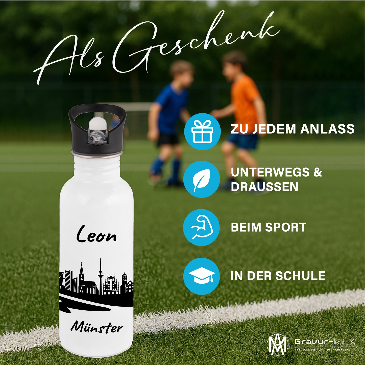 Trinkflasche in Weiß 600ml aus Edelstahl bedruckt mit der Skyline von Münster personalisierbar mit Wunschname