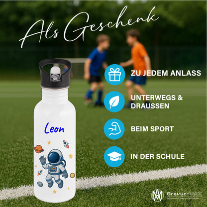 Trinkflasche mit Strohhalm in Weiß 600ml bedruckt mit tollen Motiven für Kinder "Astronaut" personalisierbar für Kinder mit Wunschname aus Edelstahl