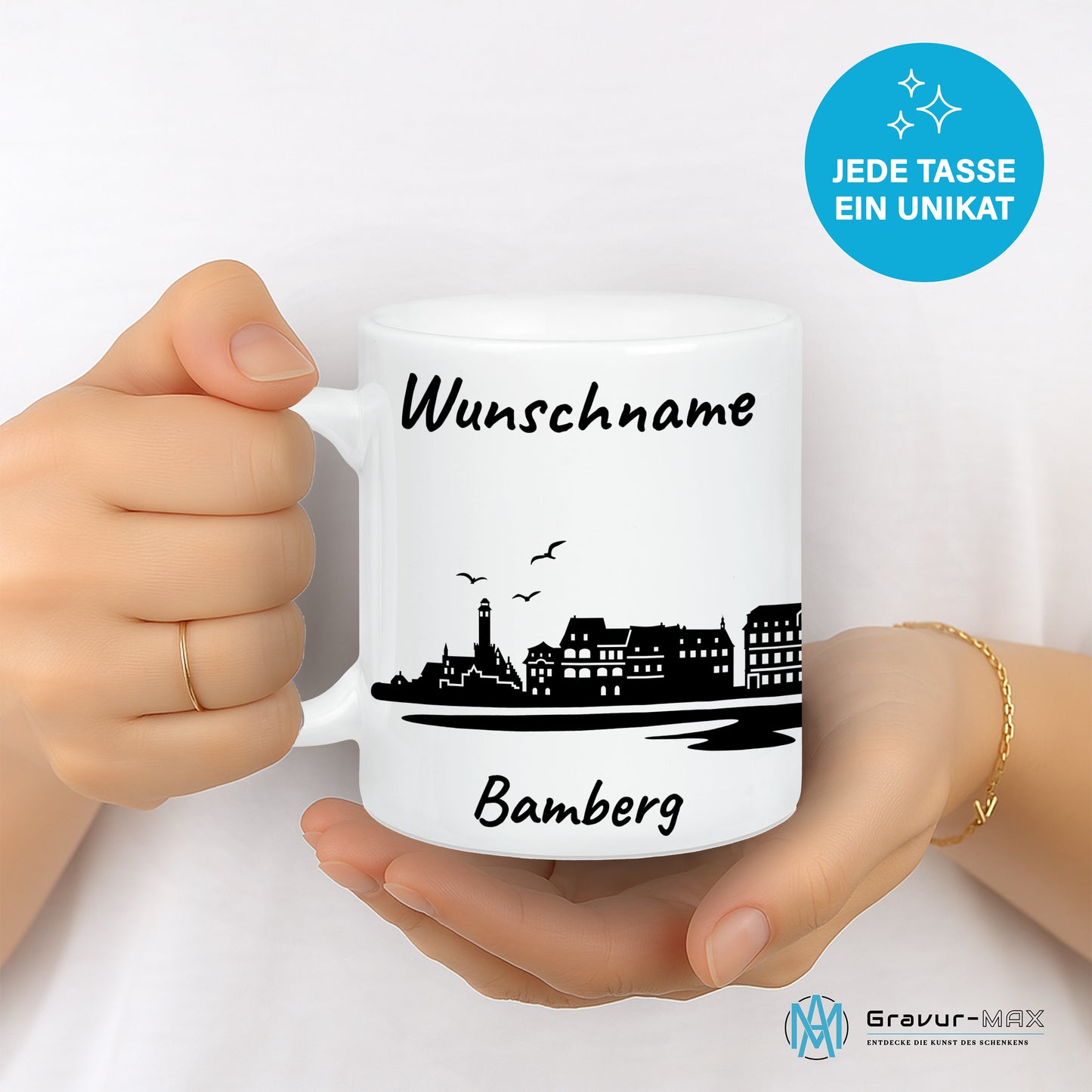 Tasse in Weiß 330ml bedruckt mit der Skyline von Bamberg personalisierbar mit Wunschname