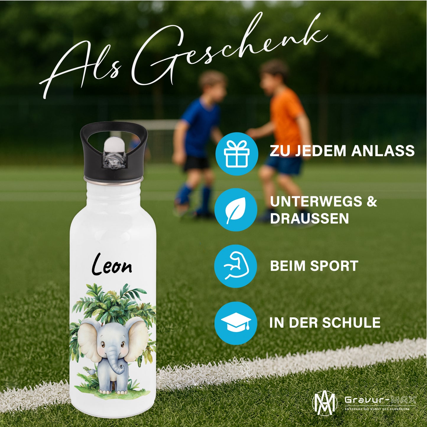 Trinkflasche mit Strohhalm in Weiß 600ml bedruckt mit Dschungel Tieren"Elefant" personalisierbar für Kinder mit Wunschname aus Edelstahl
