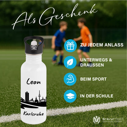 Trinkflasche in Weiß 600ml aus Edelstahl bedruckt mit der Skyline von Karlsruhe personalisierbar mit Wunschname