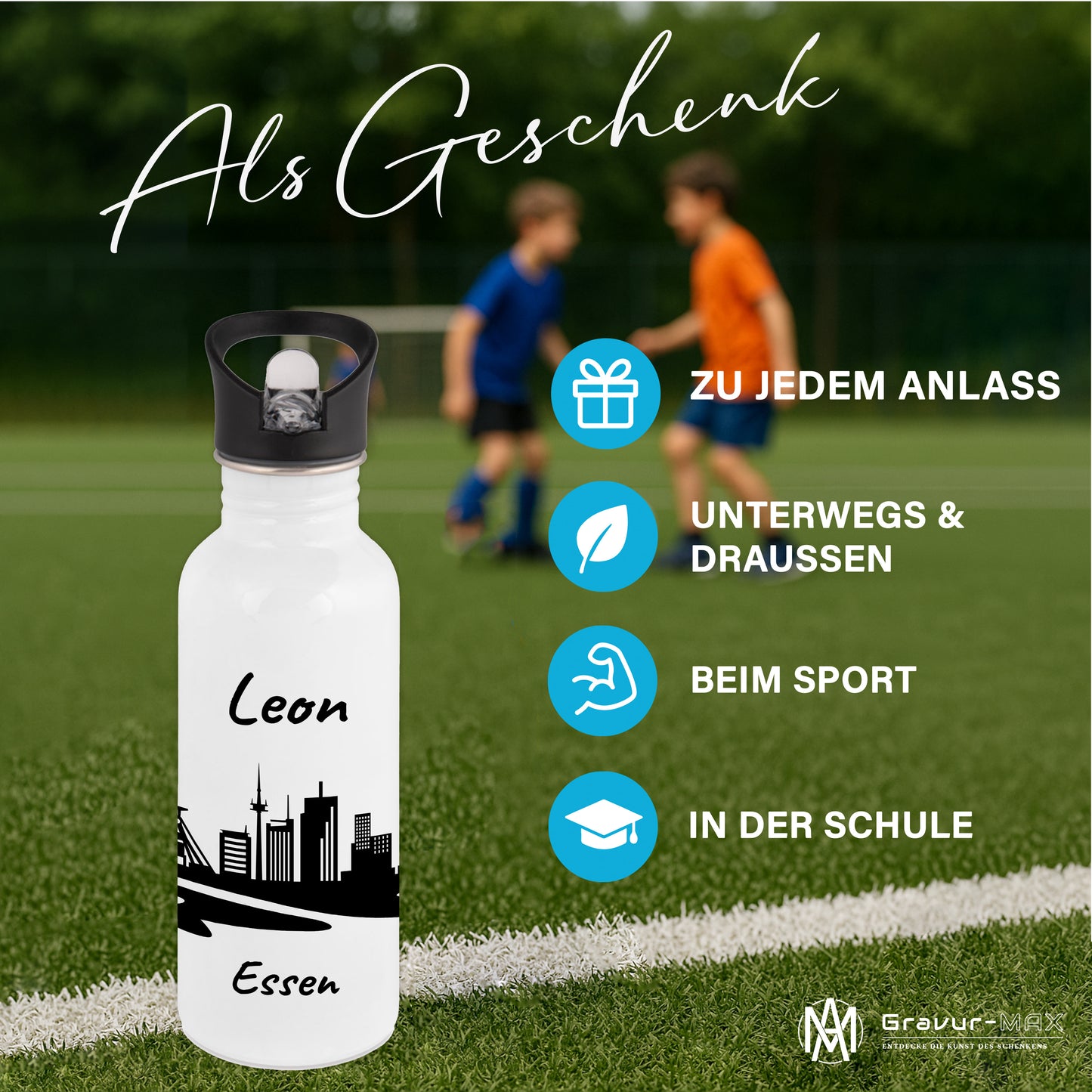 Trinkflasche in Weiß 600ml aus Edelstahl bedruckt mit der Skyline von Essen personalisierbar mit Wunschname