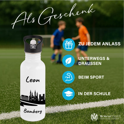 Trinkflasche in Weiß 600ml aus Edelstahl bedruckt mit der Skyline von Bamberg personalisierbar mit Wunschname