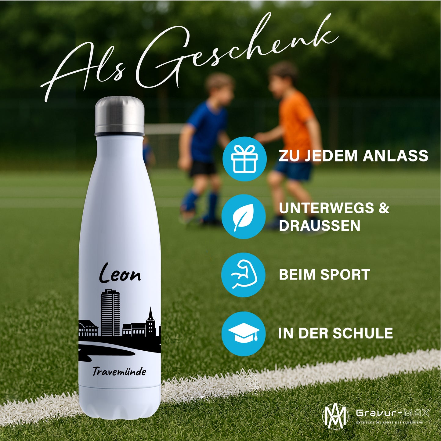 Trinkflasche in Weiß 500ml aus Edelstahl bedruckt mit der Skyline von Travemünde personalisierbar mit Wunschname