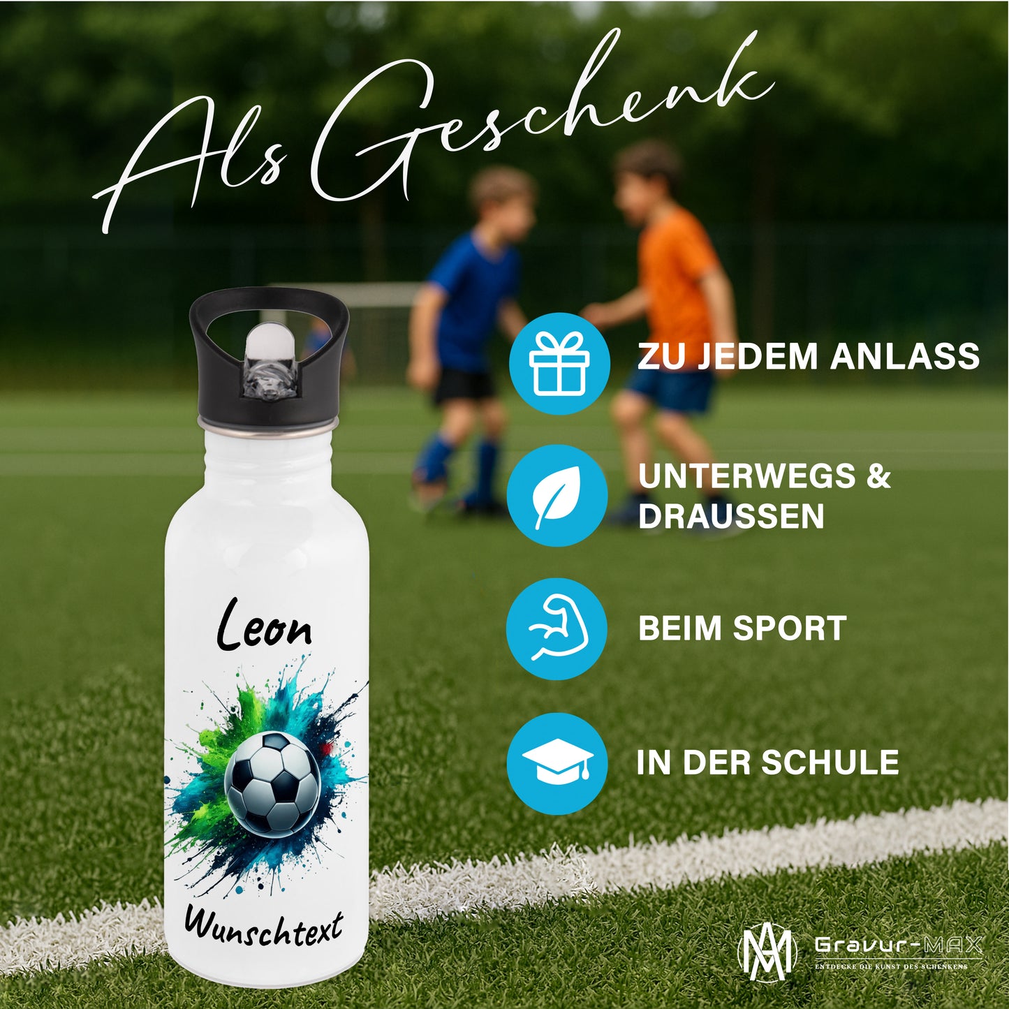 Trinkflasche mit Strohhalm in Weiß 600ml bedruckt mit Fußball Motiven"Motiv8" personalisierbar für Kinder mit Wunschname aus Edelstahl