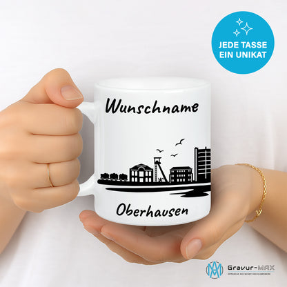 Tasse in Weiß 330ml bedruckt mit der Skyline von Oberhausen personalisierbar mit Wunschname