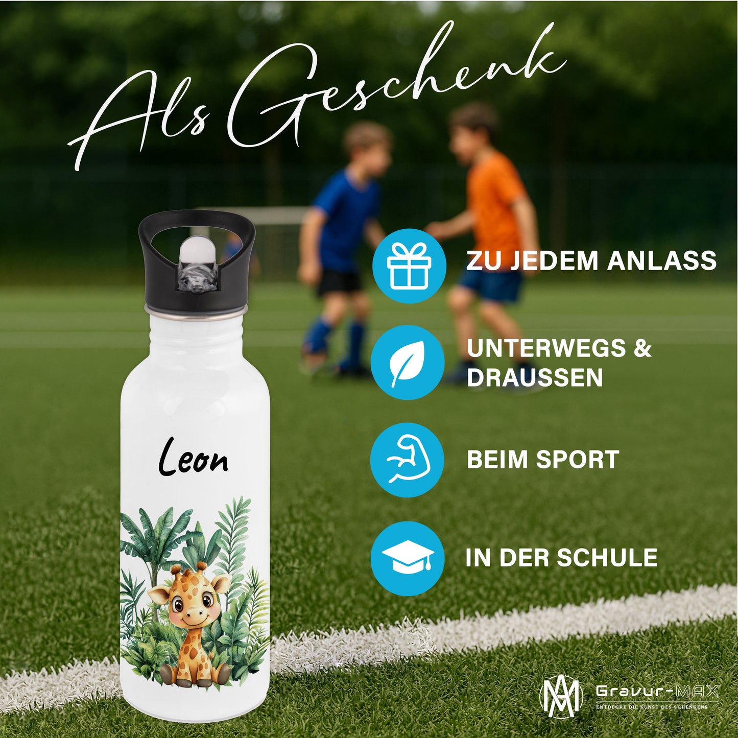 Trinkflasche mit Strohhalm in Weiß 600ml bedruckt mit Dschungel Tieren"Giraffe" personalisierbar für Kinder mit Wunschname aus Edelstahl