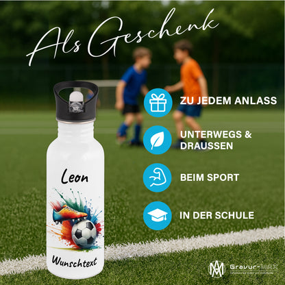 Trinkflasche mit Strohhalm in Weiß 600ml bedruckt mit Fußball Motiven"Motiv6" personalisierbar für Kinder mit Wunschname aus Edelstahl