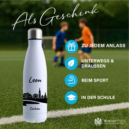 Trinkflasche in Weiß 500ml aus Edelstahl bedruckt mit der Skyline von Cochem personalisierbar mit Wunschname