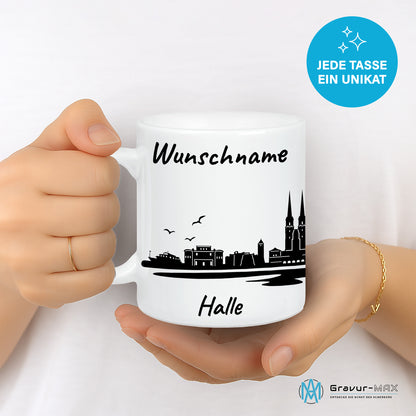 Tasse in Weiß 330ml bedruckt mit der Skyline von Halle personalisierbar mit Wunschname